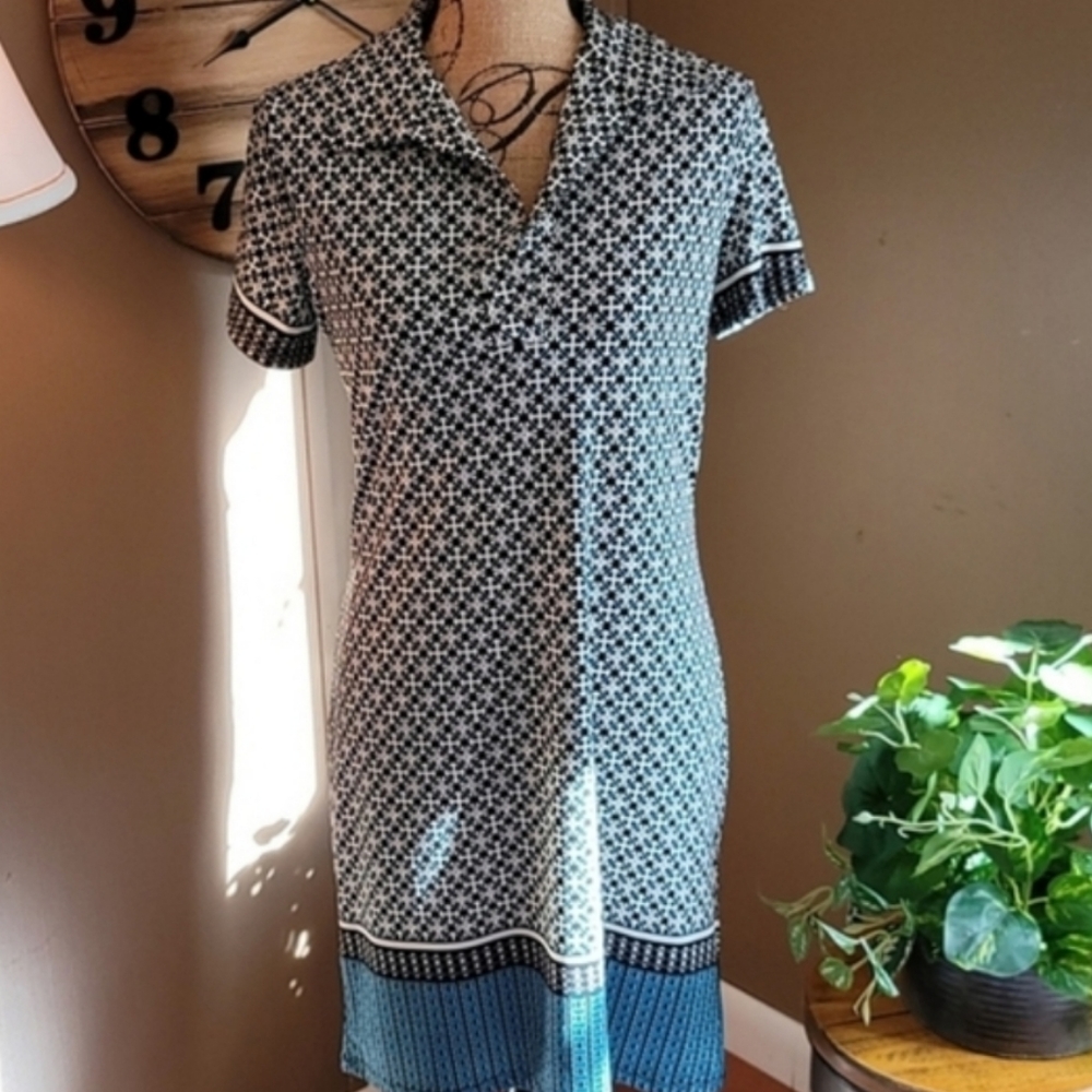 MAX STUDIO Blue and Black Print Sheath Style Dress with Collar Size Small
